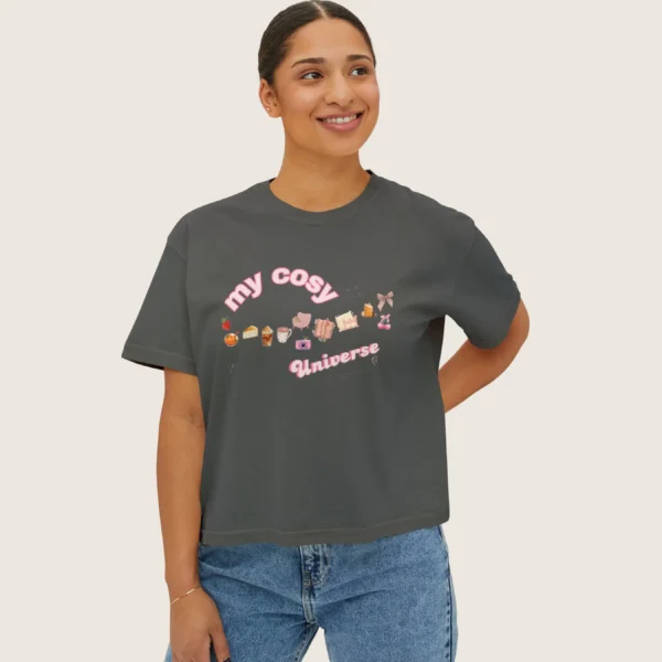 My Cozy Universe Tee with books, candle, couch, bow design on CC3023 - Pepper
