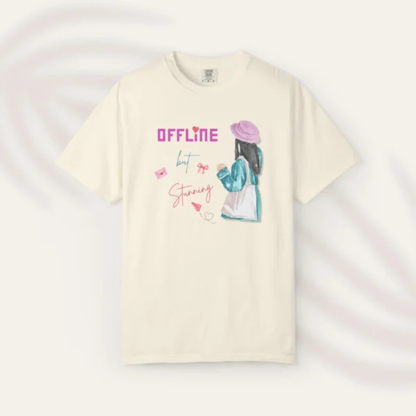 Offline but Stunning with watercolor girl in beret and green coat on Comfort Colors 1717 - Ivory Flatlay