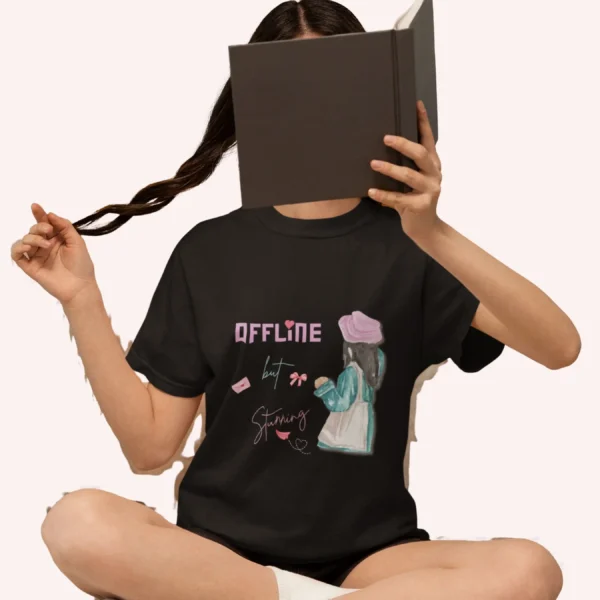 Offline but Stunning with watercolor girl in beret and green coat on Comfort Colors 1717 - Black