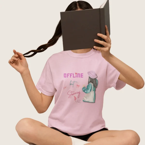 Offline but Stunning with watercolor girl in beret and green coat on Comfort Colors 1717 - Blossom