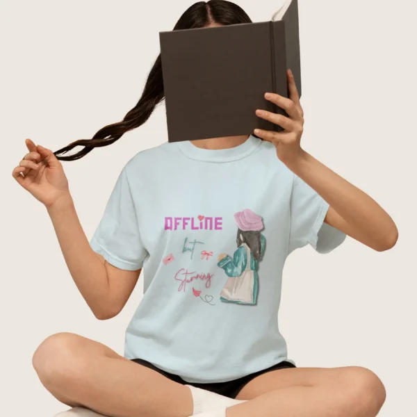 Offline but Stunning with watercolor girl in beret and green coat on Comfort Colors 1717 - Chambray