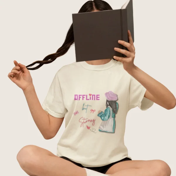 Offline but Stunning with watercolor girl in beret and green coat on Comfort Colors 1717 - Ivory