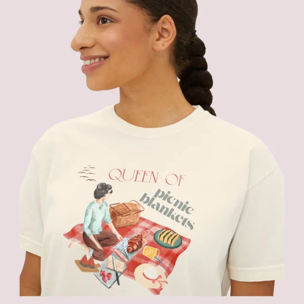 Queen of Picnic Blankets Tee with picnic girl illustration on Comfort Colors 3023 - Ivory Closeup