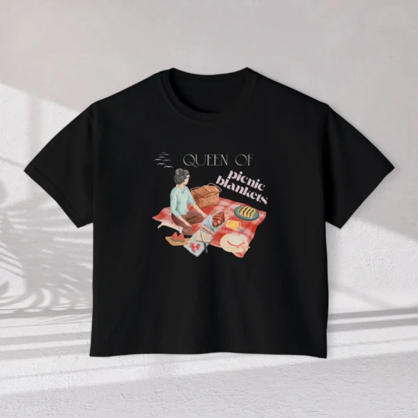 Queen of Picnic Blankets Tee with picnic girl illustration on Comfort Colors 3023 - Black Flatlay