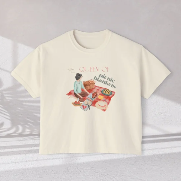 Queen of Picnic Blankets Tee with picnic girl illustration on Comfort Colors 3023 - Ivory Flatlay
