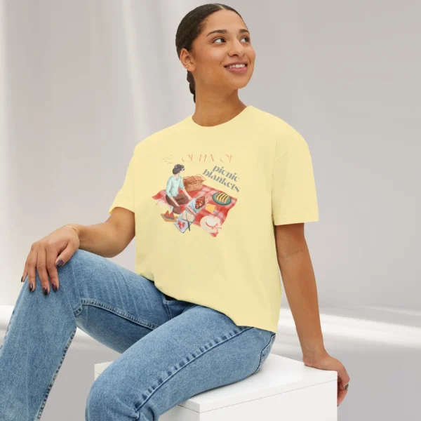 Queen of Picnic Blankets Tee with picnic girl illustration on Comfort Colors 3023 - Butter Sitting