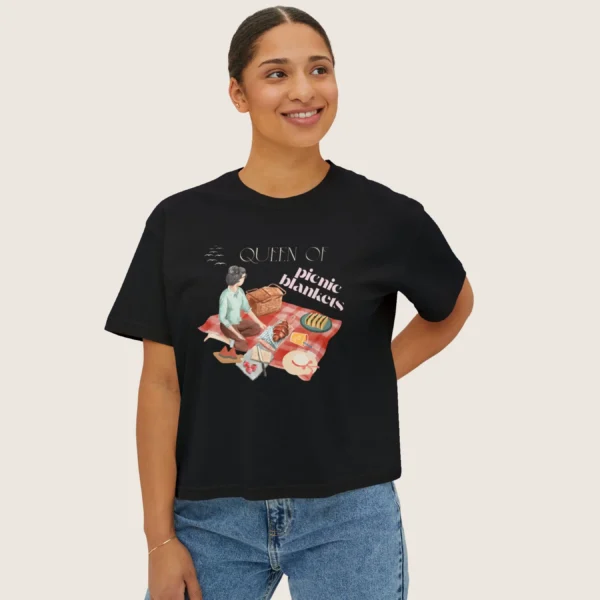 Queen of Picnic Blankets Tee with picnic girl illustration on Comfort Colors 3023 - Black
