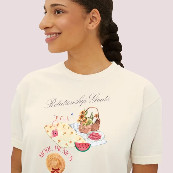 Relationship Goals Tee with picnic design on CC3023 - Ivory Closeup