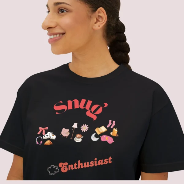Snug Enthusiast Tee with cozy doodle graphics on Comfort Colors 3023 - Black Closeup