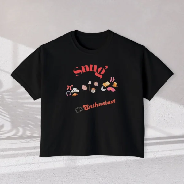 Snug Enthusiast Tee with cozy doodle graphics on Comfort Colors 3023 - Black Flatlay