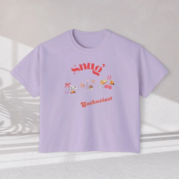 Snug Enthusiast Tee with cozy doodle graphics on Comfort Colors 3023 - Orchid Flatlay