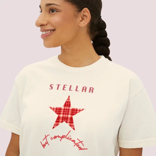 Stellar but complicated Tee with gingham red star illustration on Comfort Colors 3023 - Ivory Closeup