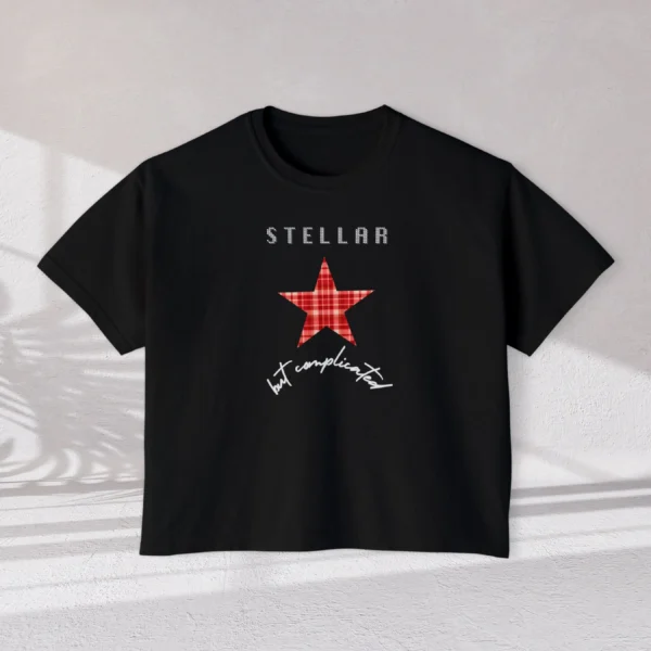 Stellar but complicated Tee with gingham red star illustration on Comfort Colors 3023 - Black Flatlay