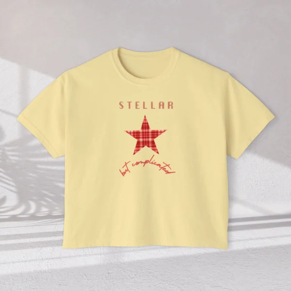 Stellar but complicated Tee with gingham red star illustration on Comfort Colors 3023 - Butter Flatlay