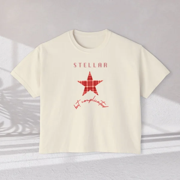 Stellar but complicated Tee with gingham red star illustration on Comfort Colors 3023 - Ivory Flatlay