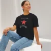 Stellar but complicated Tee with gingham red star illustration on Comfort Colors 3023 - Black Sitting