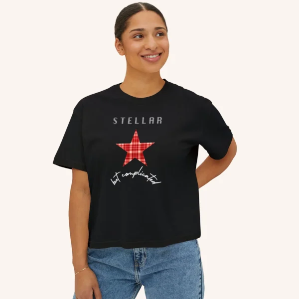 Stellar but complicated Tee with gingham red star illustration on Comfort Colors 3023 - Black