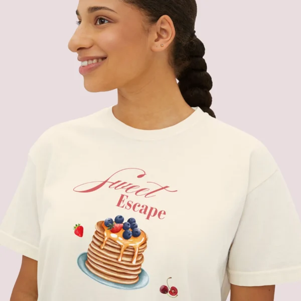 Sweet Escape Tee with pancake stack and berries illustration on Comfort Colors 3023 - Ivory Closeup