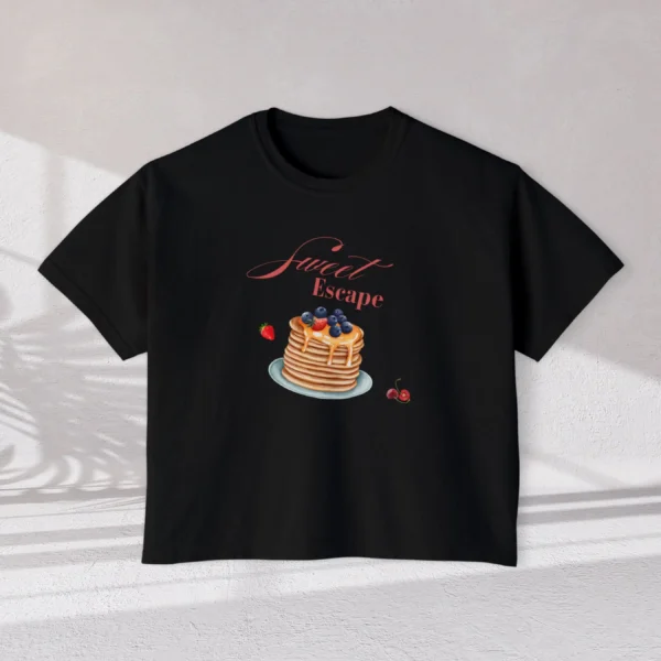 Sweet Escape Tee with pancake stack and berries illustration on Comfort Colors 3023 - Black Flatlay