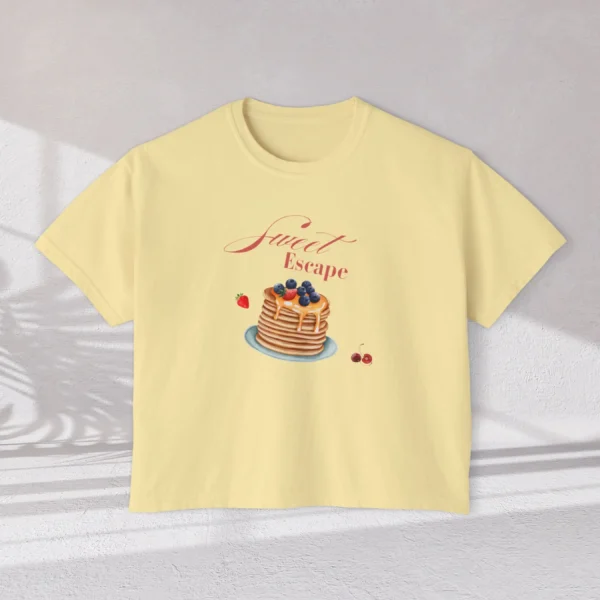 Sweet Escape Tee with pancake stack and berries illustration on Comfort Colors 3023 - Butter Flatlay