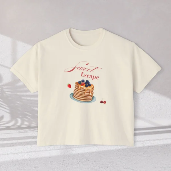 Sweet Escape Tee with pancake stack and berries illustration on Comfort Colors 3023 - Ivory Flatlay