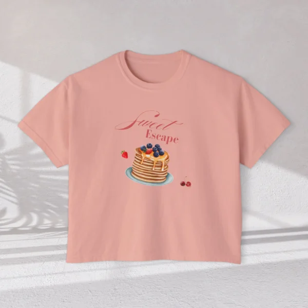 Sweet Escape Tee with pancake stack and berries illustration on Comfort Colors 3023 - Peachy Flatlay