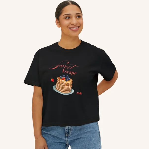Sweet Escape Tee with pancake stack and berries illustration on Comfort Colors 3023 - Black