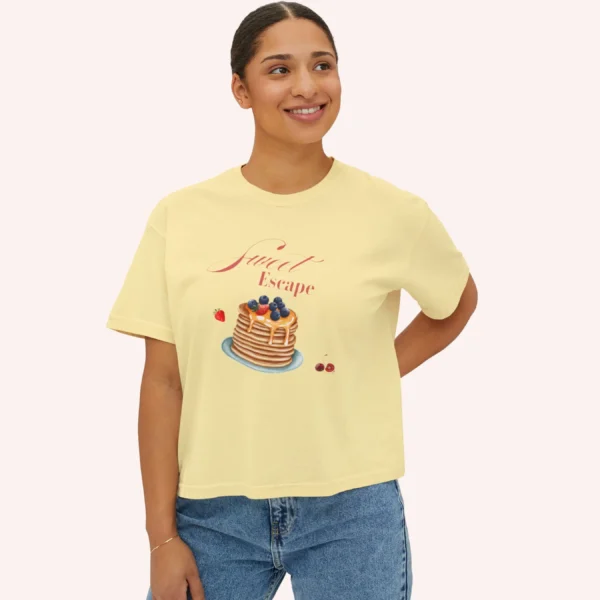 Sweet Escape Tee with pancake stack and berries illustration on Comfort Colors 3023 - Butter