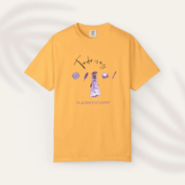 Tender is my superpower Tee with watercolour girl design on comfort colors 1717 - Citrus Flatlay