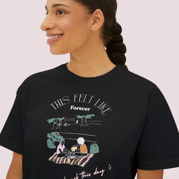 This Feels Like Forever Tee with picnic couple illustration on Comfort Colors 3023 - Black Closeup