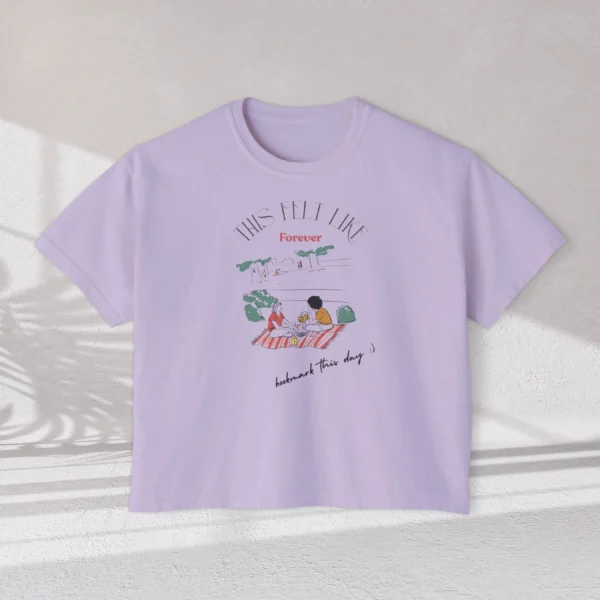 This Feels Like Forever Tee with picnic couple illustration on Comfort Colors 3023 - Orchid Flatlay