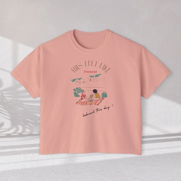 This Feels Like Forever Tee with picnic couple illustration on Comfort Colors 3023 - Peachy Flatlay