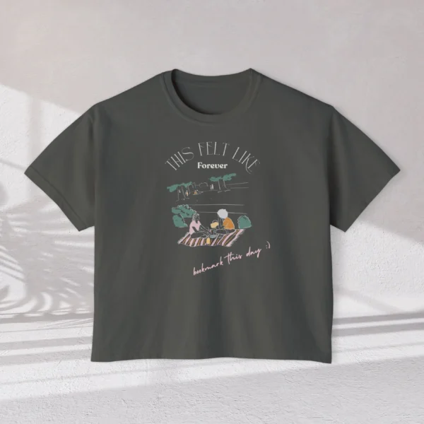 This Feels Like Forever Tee with picnic couple illustration on Comfort Colors 3023 - Pepper Flatlay