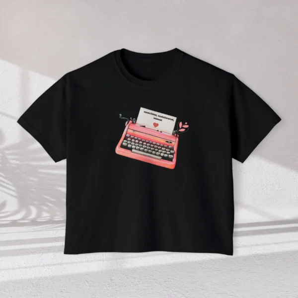 Letters of Love Tee with vintage red typewriter illustration on Comfort Colors 3023 - Black Flatlay