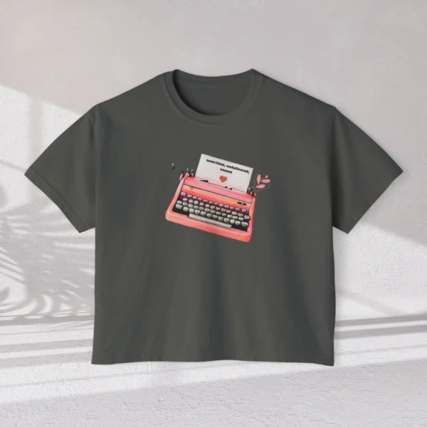 Letters of Love Tee with vintage red typewriter illustration on Comfort Colors 3023 - Pepper Flatlay