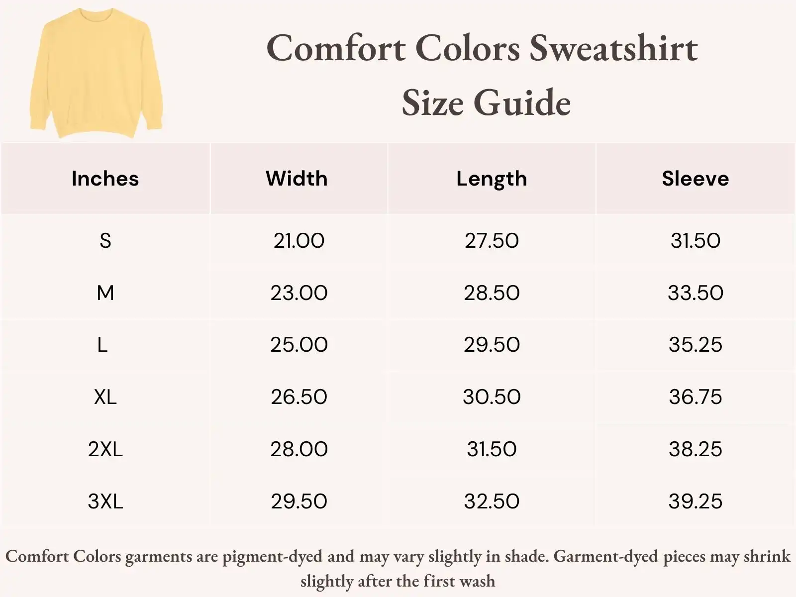 Comfort Colors 1566 Sweatshirt Size Guide