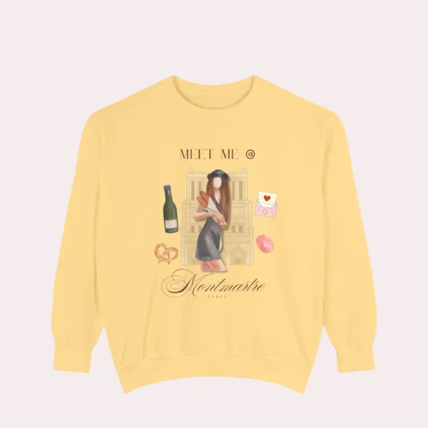 Comfort Colors sweatshirt in butter flatly featuring Paris Montmartre vintage aesthetic collage design