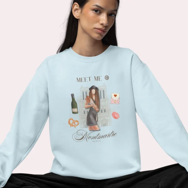 Comfort Colors sweatshirt in chambray featuring Paris Montmartre vintage aesthetic collage design
