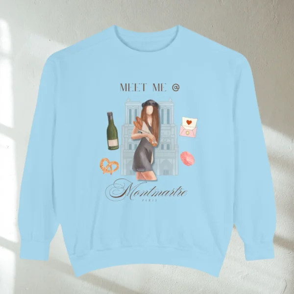 Comfort Colors sweatshirt in chambray flatly featuring Paris Montmartre vintage aesthetic collage design