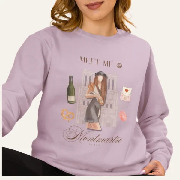 Comfort Colors sweatshirt in Orchid featuring Paris Montmartre vintage aesthetic collage design