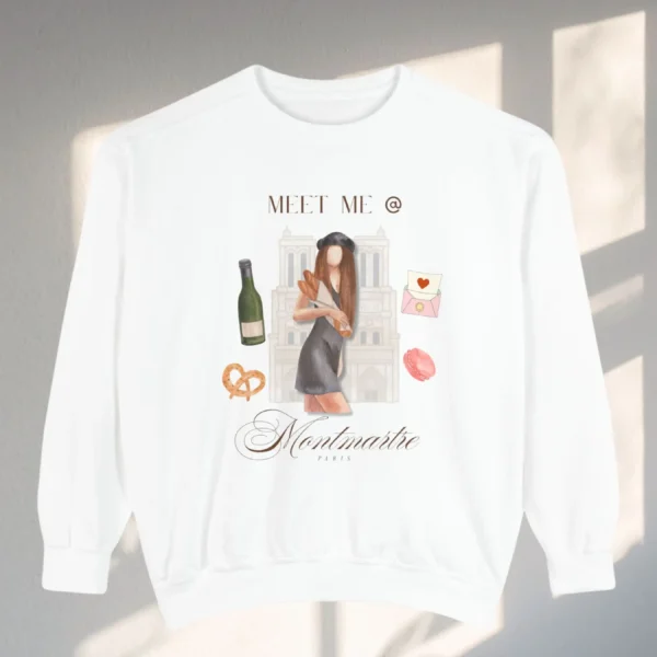 Comfort Colors sweatshirt in white flatly featuring Paris Montmartre vintage aesthetic collage design