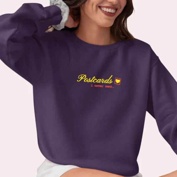 Postcards I Never Sent embroidered Gildan 18000 sweatshirt by Bhoomkins - Purple