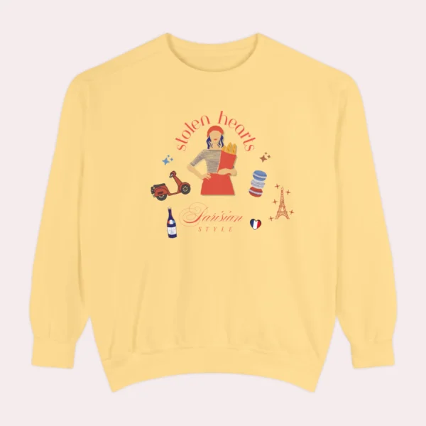 Stolen Hearts Parisian Style Comfort Colors sweatshirt – romantic French graphic crewneck by Bhoomkins - Butter Flatlay