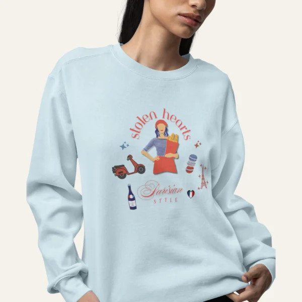 Stolen Hearts Parisian Style Comfort Colors sweatshirt – romantic French graphic crewneck by Bhoomkins - Chambray