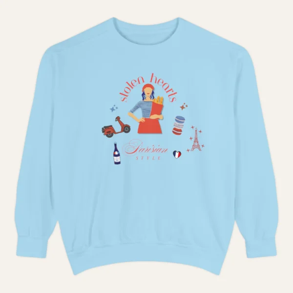 Stolen Hearts Parisian Style Comfort Colors sweatshirt – romantic French graphic crewneck by Bhoomkins - Chambray Flatlay