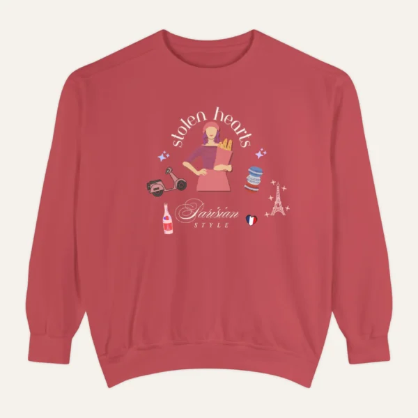 Stolen Hearts Parisian Style Comfort Colors sweatshirt – romantic French graphic crewneck by Bhoomkins - Crimson Flatlay