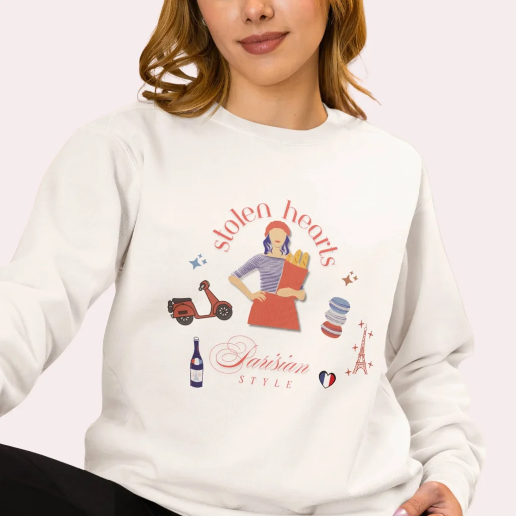 Stolen Hearts Parisian Style Comfort Colors sweatshirt – romantic French graphic crewneck by Bhoomkins - White