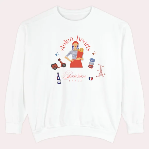 Stolen Hearts Parisian Style Comfort Colors sweatshirt – romantic French graphic crewneck by Bhoomkins - White Flatlay