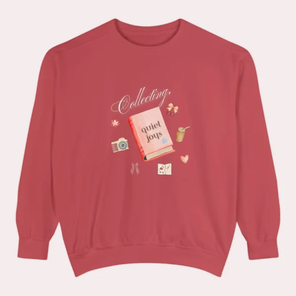 Collecting quiet Joys Comfort Colors graphic sweatshirt by Bhoomkins - Crimson Flatlay