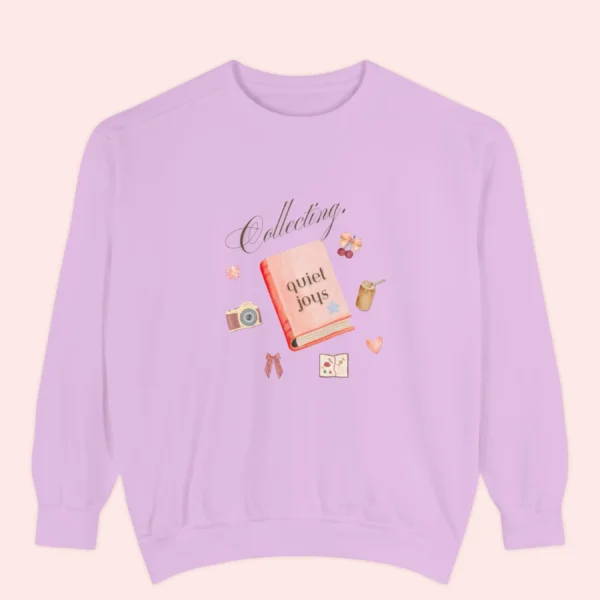Collecting quiet Joys Comfort Colors graphic sweatshirt by Bhoomkins - Orchid Flatlay
